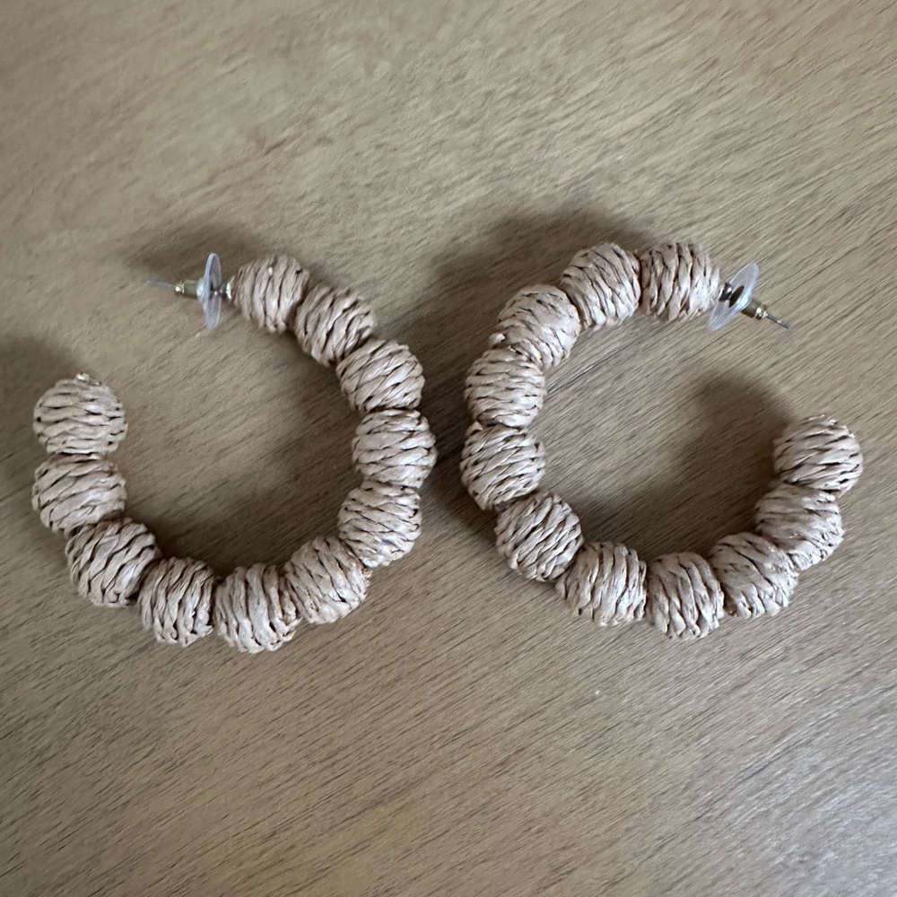 Elegant Tan Raffia Wrapped Hoop Earrings